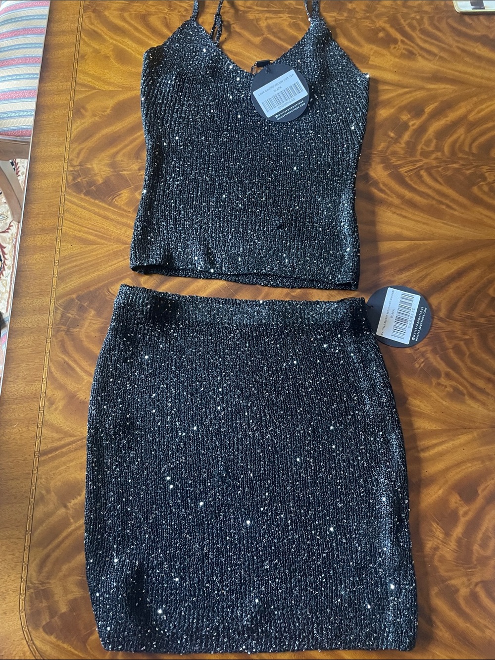 White Fox Women's Black Sequin Knit Mini Skirt and top- Sparkle Evening wear